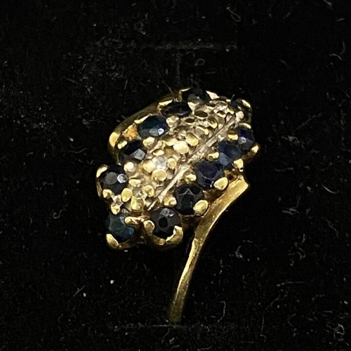 Anello americano vintage anni 80 | oro 10 carati | set con diamanti e zaffiri blu - Foto 4 di 4