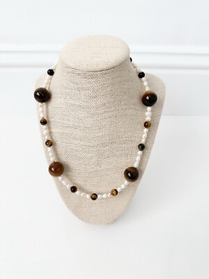NWT Genuine Tiger's Eye & Pearls Necklace Beaded Brown White