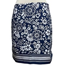 Talbots Women  s Navy Blue / White Floral A Line Skirt W/Side Zip Fully Lined 8