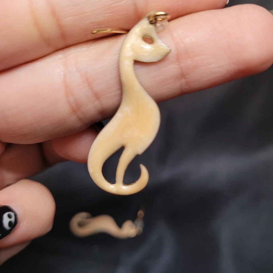 Pendientes colgantes de latón vintage esmalte alambre francés gato Foto 3 de 4