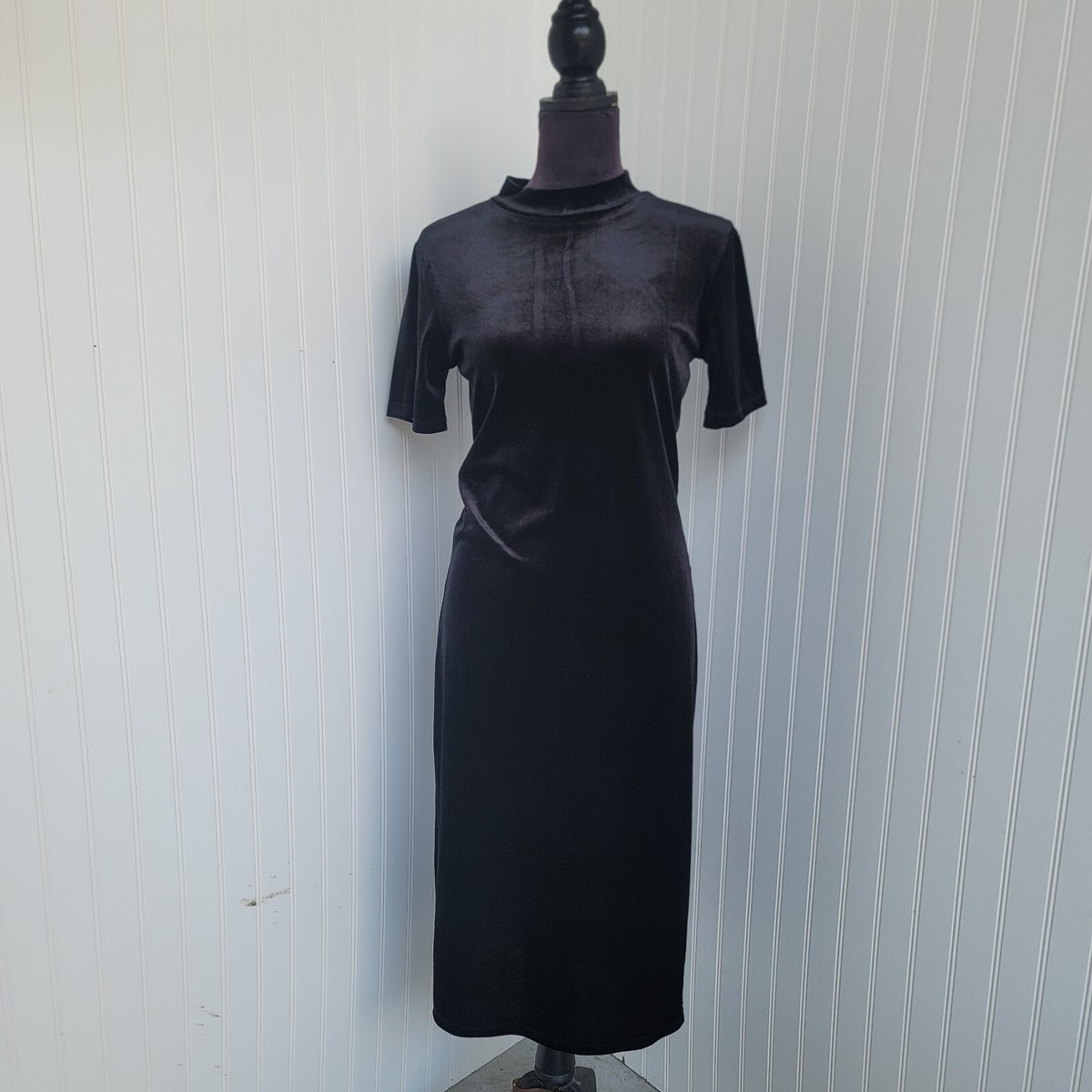 Zara Trafaluc Womens Black Velvet Velour Dress Sttetch Midi Short Sleele  Size L