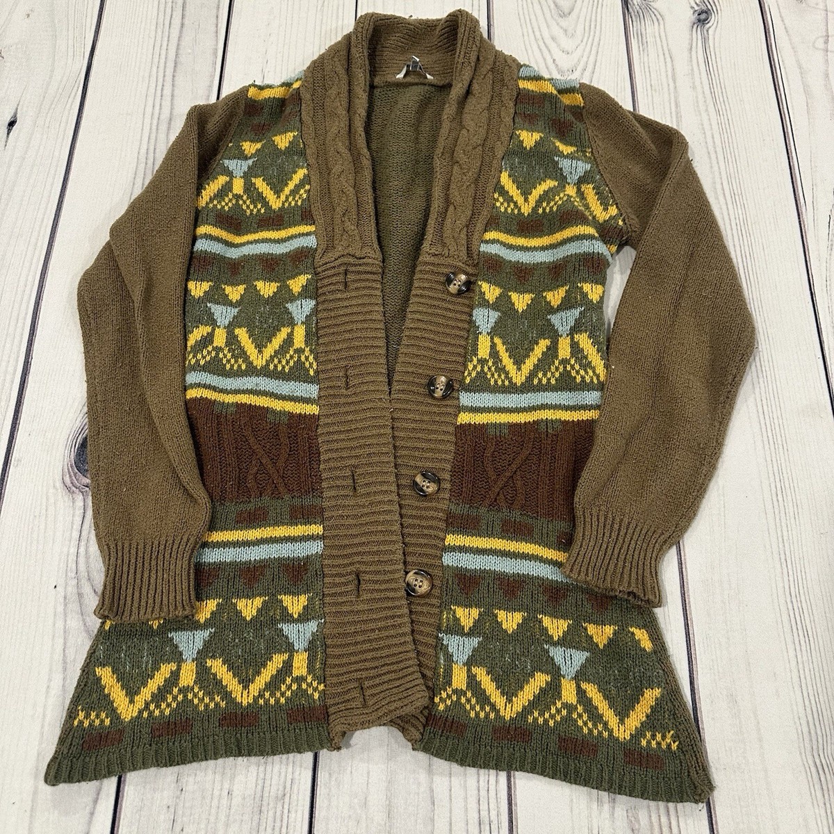 BKE Buckle Sweater Womens Large Brown Mustard Button Up Cardigan Bohemian  Knit