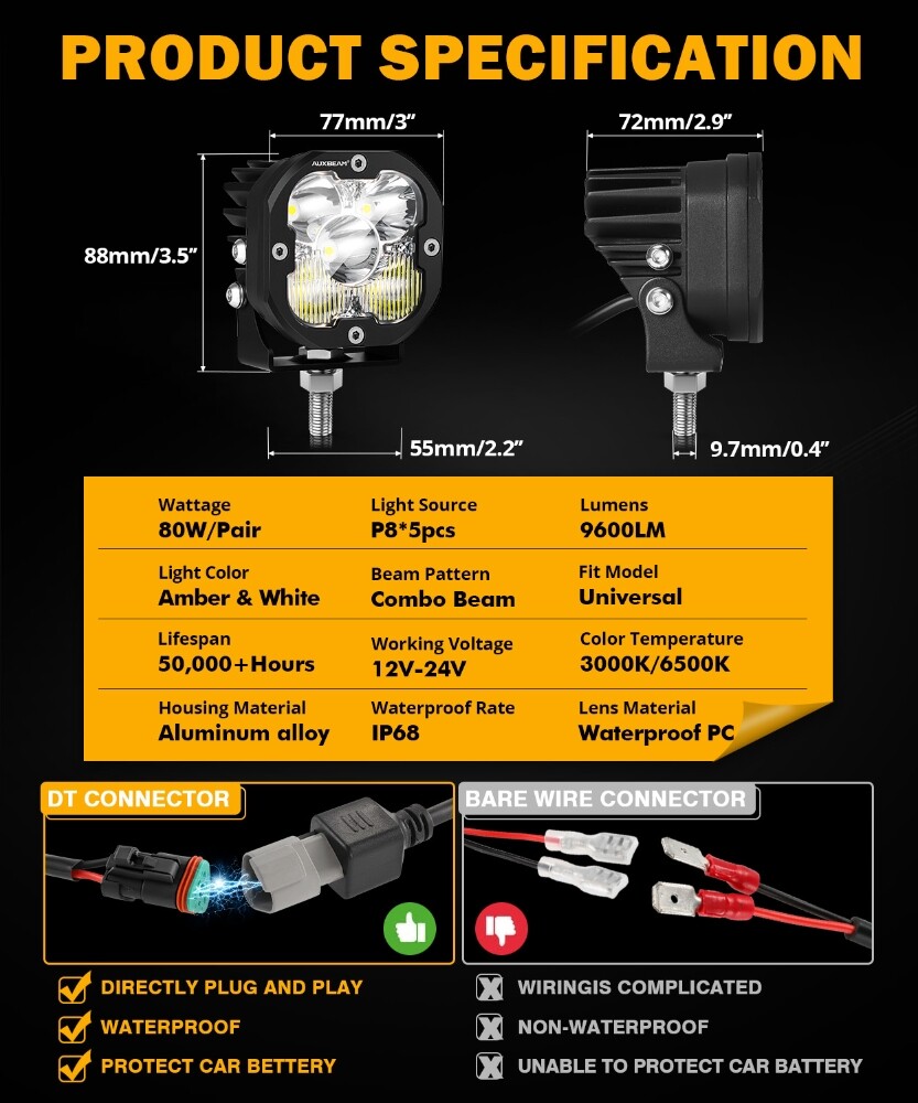 AUXBEAM 3"INCH 80W LED Work Light Pods Spot Flood Combo Offroad Driving ...