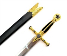 Espada Fraternal Templaria Masónica 33" con Vaina de Cuero a Juego Dorado y Negro