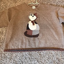 Vintage Patchwork Cat Sweatshirt Cozy Applique Fleece Top Women  s Fall Winter