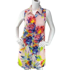 Trina Turk Sz 4 Shirt Dress Watercolor Print Sleeveless Eyelet Lace Lined Cotton