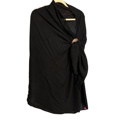 Shy Shi Black Beach Cover Up Wrap Black with Tassel & Wood Button Accents EUC