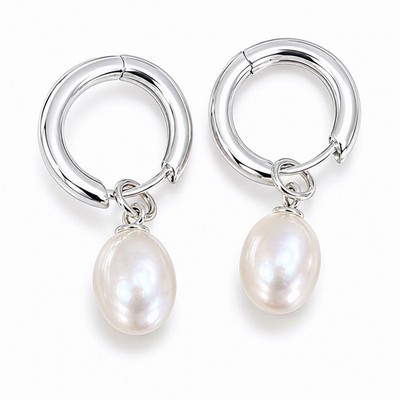 925 Silver Pearl Drop Hoop Earrings Minimalist Dangle Huggie Earrings 234
