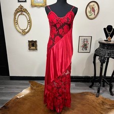 Vintage Red Satin  Lace Asymmetrical Lingerie Nightgown Slip Dress