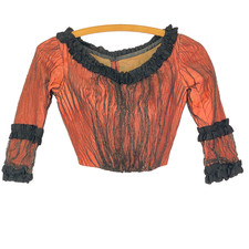 Antique Victorian coral bodice boned top 3/4 sleeve black netting lace orange