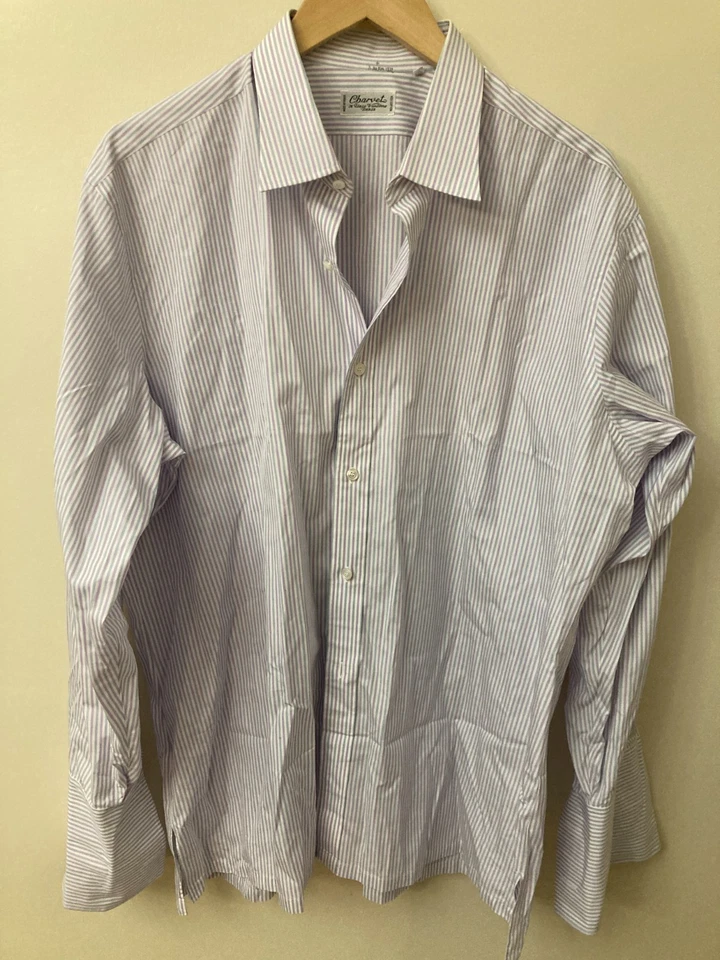 EUC CHARVET Dress Shirt Purple/Blue/White Striped 17.5/44 French Cuffs - Image 2 of 4