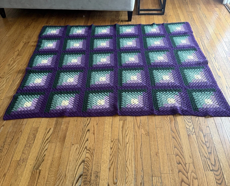 Vtg “Roseanne” Crochet Granny Square  Purples Greens Afghan Throw Blanket 70x82 - Image 3 of 4