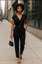 H&M Jumpsuit Womens 2 Black belted Extended shoulders Pockets Goth Grungy Boho