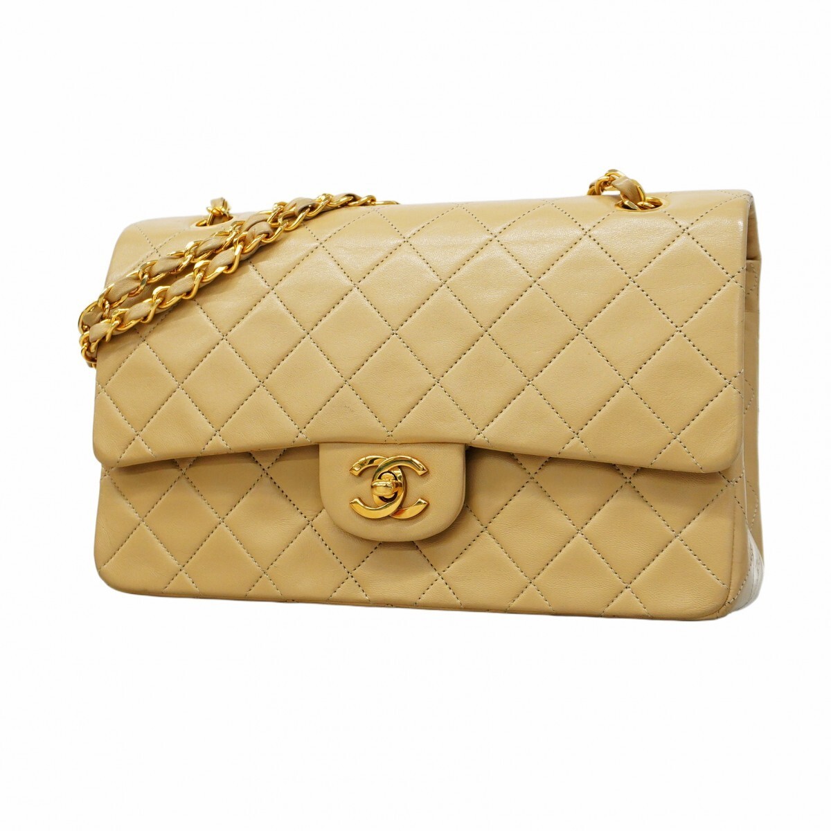 CHANEL Lambskin Matelassé Flap Shoulder Bag Beige Gold Hardware Pre-Owned
