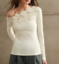 Anewsta cream flower off the shoulder long sleeve jumper sweater top L 14 Shein