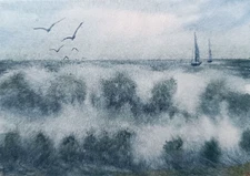 Original Modern Artwork Painting Landscape 7x9cm WAVES BOAT Arts Seascape Signed