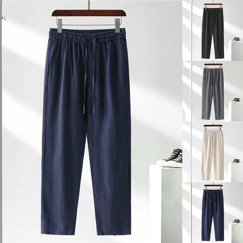 Men Cotton Linen Plain Color Trousers with Comfort Waistband for Daily Movement