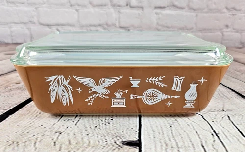 Vintage Pyrex Early American 0503 Refrigerator Dish 1.5 QT Brown White w/ Lid