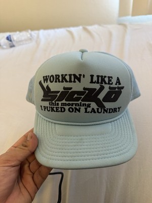 Working Like A Sicko Hat, Light Baby Blue Color, Very Worn, Has Stains From Use