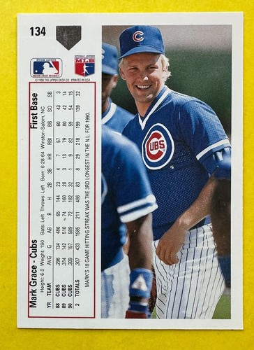 1991 Upper Deck Mark Grace #134 Chicago Cubs (4x Gold Glove/3x All-Star) - Bild 12 von 16