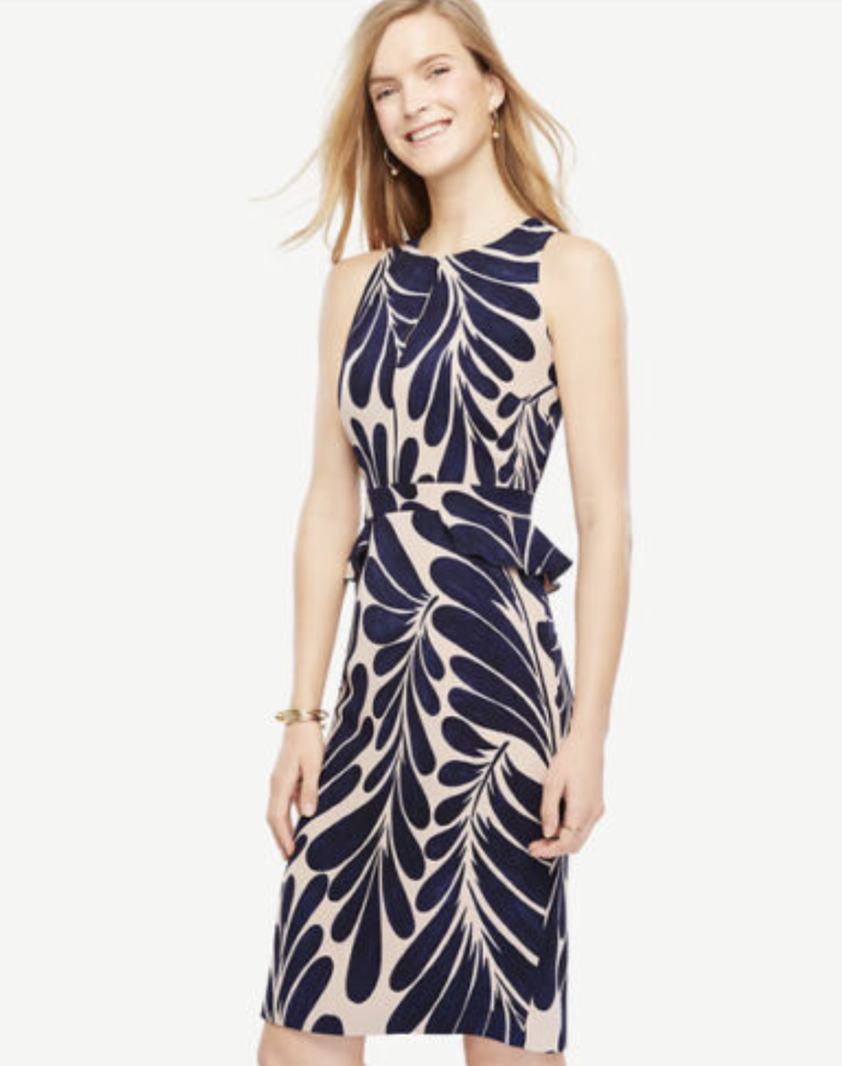 ann taylor peplum dress NWT Ann Taylor Leaf Floral Ruffle Peplum Sheath Dress Size 16 Career Navy  Blue