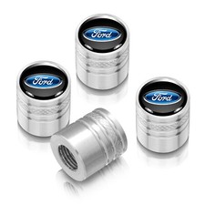 Ford Logo In Black On Silver Chrome Aluminum Cylinder-style Tire Valve Stem Caps