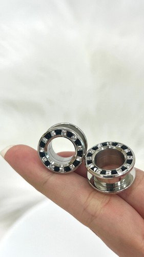 Surgical Steel Pressed Rimmed Black Clear CZ Screw Tunnel Ear Plugs Sold as Pair - Picture 12 of 26