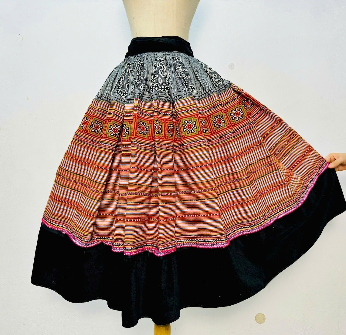 Hmong handmade traditional skirt in Vietnam, Hmong embroidered vintage skirt