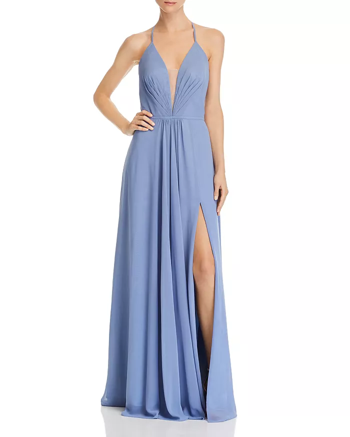 slim fit dress slacks V Neck Blue/Aqua Spaghetti Straps Backless Long Prom Dresses With Leg –  morievent main image 1