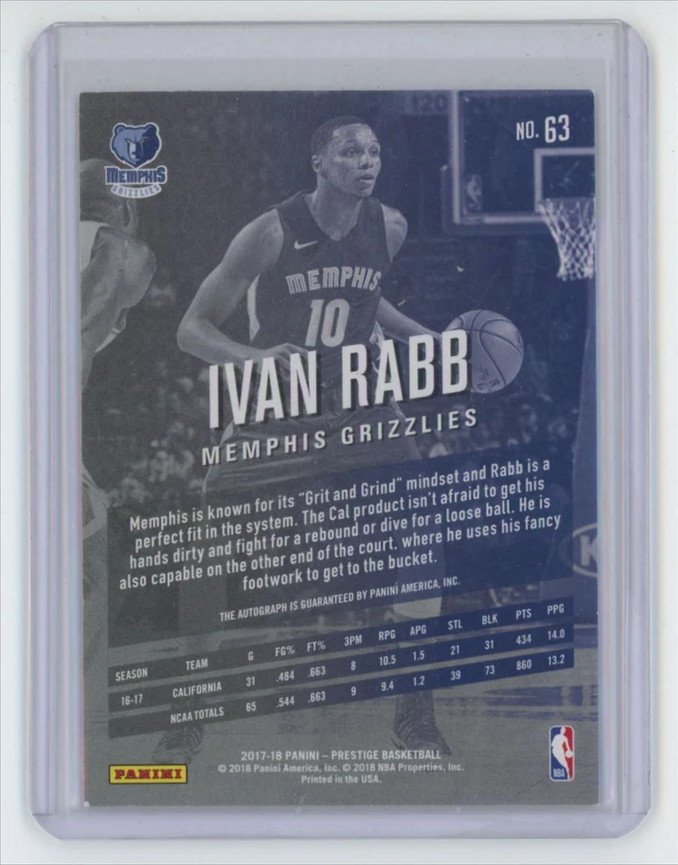 2017-18 Panini Prestige Bonus Shots Signatures Ivan Rabb Auto Basketball Card - Image 2 of 2
