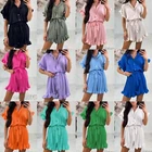 Women Gold Button Playsuit Ladies Belted Pleated Collard Smock Frill Shirt Dress