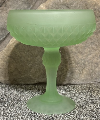Vintage Indiana Glass Regal Frosted Green Diamond Point Pedestal Candy Nut Dish