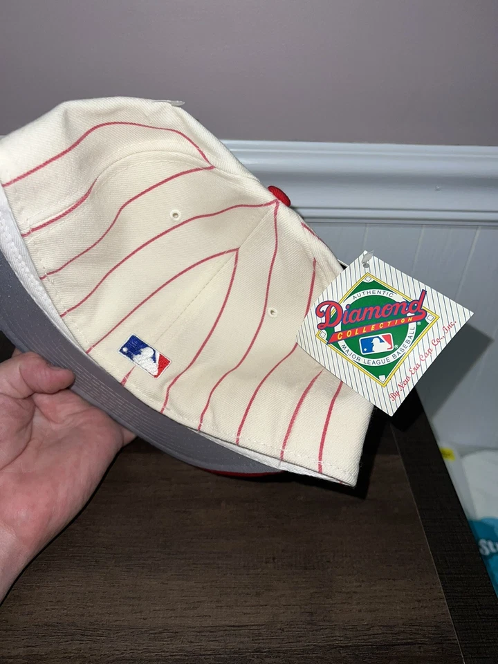 VINTAGE DEADSTOCK CINCINNATI REDS NEW ERA PIN STRIPE PRO MODEL HAT made in USA - Image 2 of 3