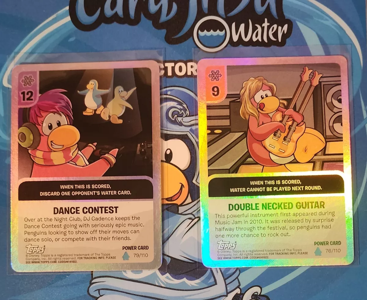 Club penguin Card Jitsu Topps Dance Contest 79/110 & Double Necked Guitar  76/110