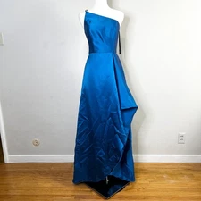 Alfred Sung D831 Classic Blue One Shoulder High Low Satin Size 4 Formal Dress