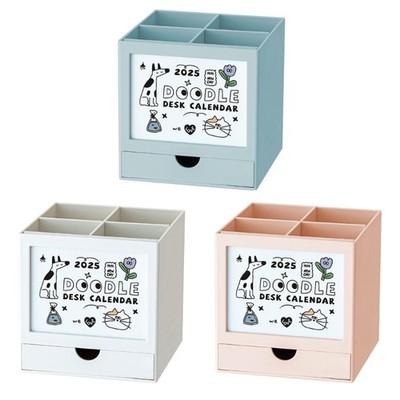 Pen Holder with 2025 Calendar Large Capacity Space Saving Rotating Pen Holder