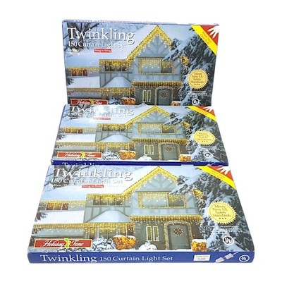 3 Holiday Time Twinkling Curtain Light Set 3-Way Flashing 150 Indoor/Outdoor NEW
