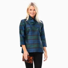 Devon Baer Blackwatch Plaid Classic Silk Ruffle Tunic size Small