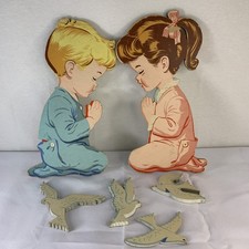 Vintage 1958 The Dolly Toy Co Praying Girl Boy And 4 Doves Wall Art