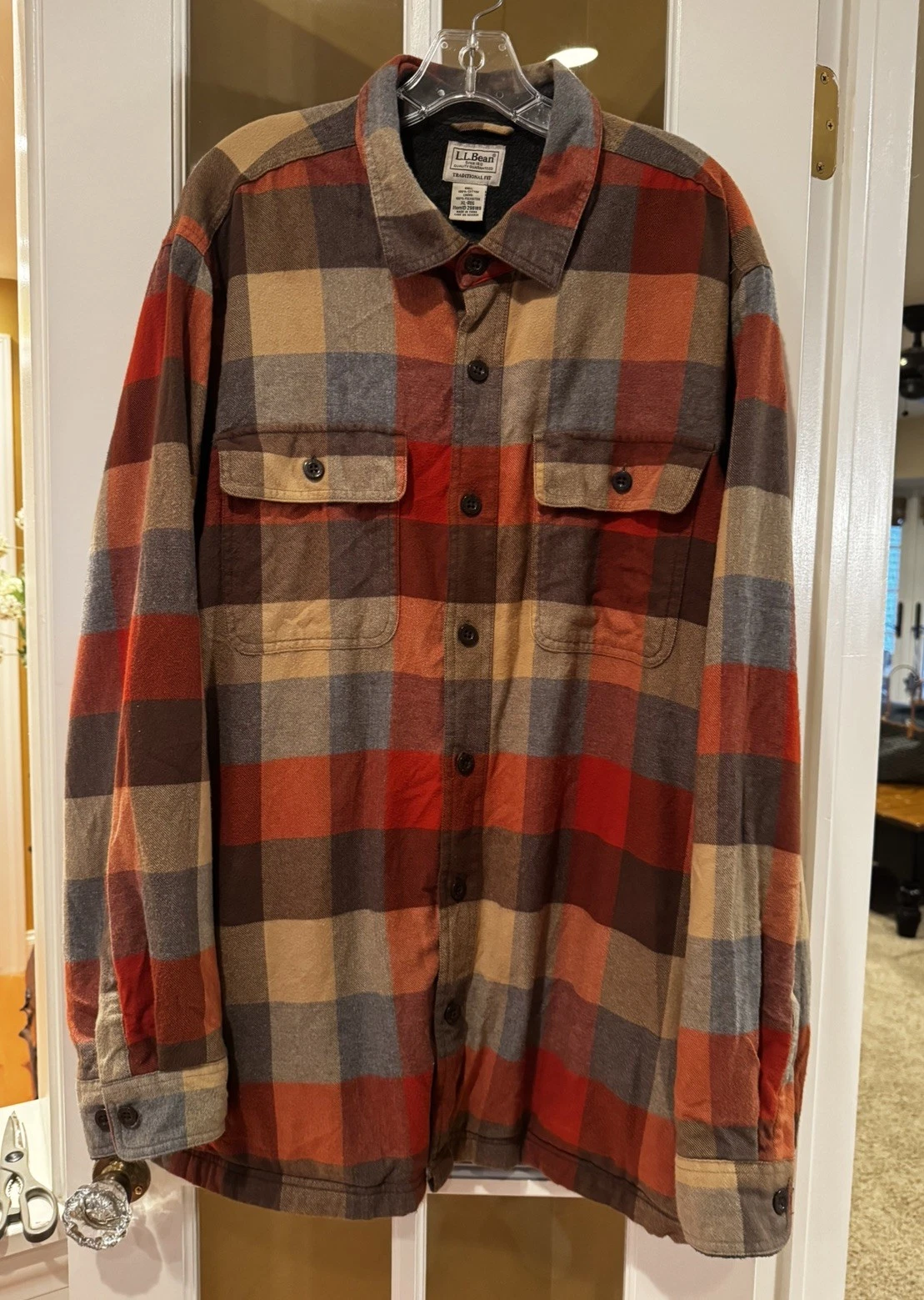 LL Bean Flannel Shirt Mens X Large Traditional Fit 100% Cotton Western Red Gray