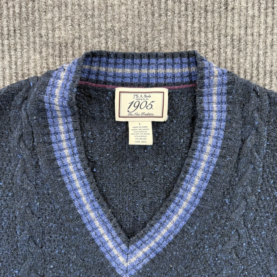 Chaleco Suéter Jos A Bank Para Hombres Grande Azul Marino 1905 Tejido con Cable Mezcla de Lana Cuello en V Foto 4 de 4