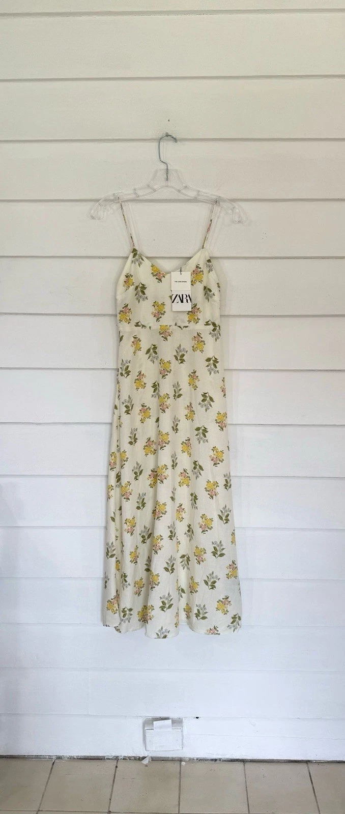 OFF WHITE Abito donna ZARA nuovo stampa floreale midi cotone lino ecrù bianco taglia XS Y1095