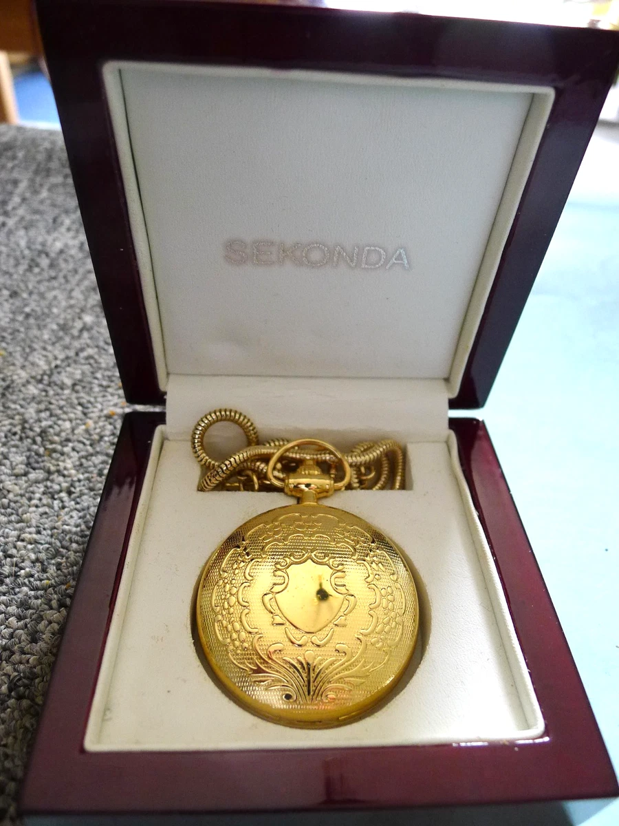 NUEVO Reloj Bolsillo Sekonda Classique Golden Hunter... Mano de barrido... 48 mm... Estuche... GWC
