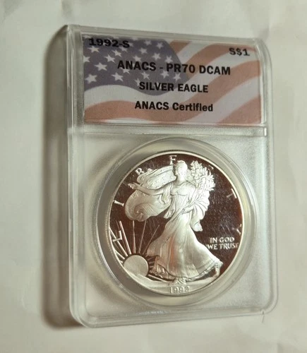 1992 S Silver Eagle PR70 ANACS Flag Label Certified $1 Coin San Francisco Flag