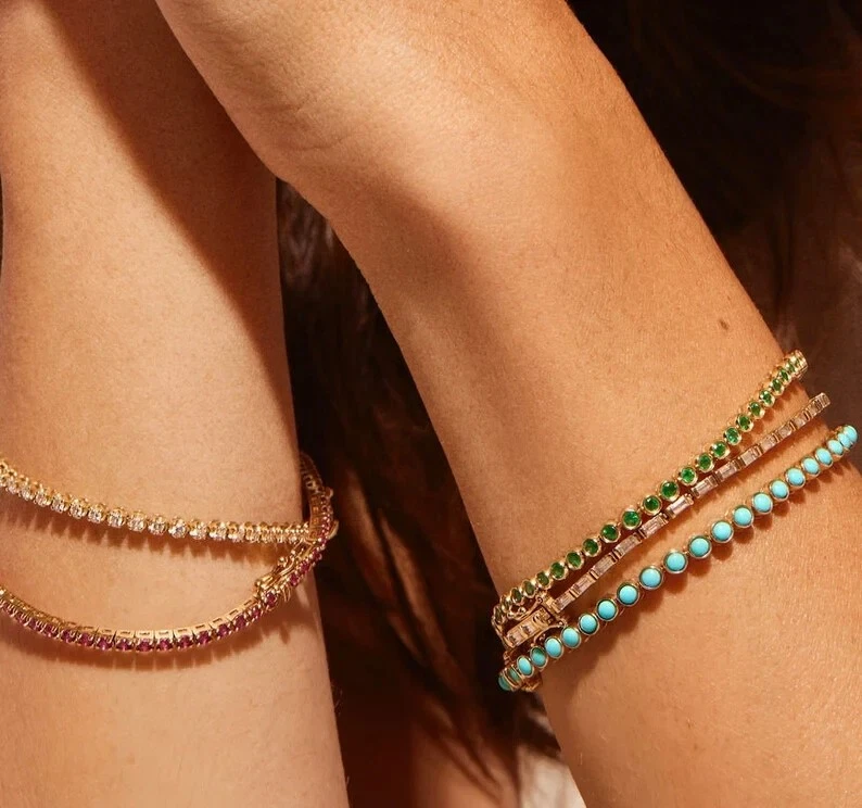 3 Ct Prong Tennis Lab Created Turquoise Bracelet 14K Yellow Gold Over Wedding - Image 2 of 4