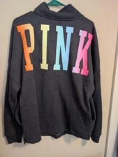 Victoria's Secret PINK Varsity Half Zip Pullover Sweatshirt Dark Gray Logo SMALL