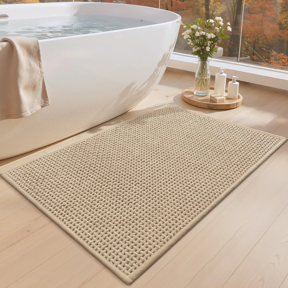 Chenille Rubber-Backed Bath Mat Absorbent Non-Slip Quick-Dry – Beige 44 x 75 cm