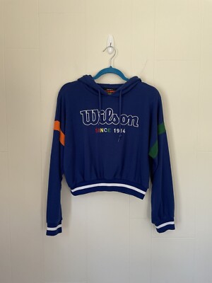 Forever 21 Wilson Hoodie Size M Blue Rainbow Colorful Crop Pullover