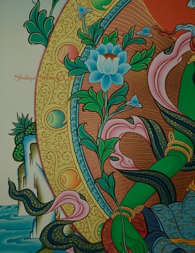 Pintura ritual Thangka de lona verde tara pintada a mano de oro detallado - Imagen 5 de 10