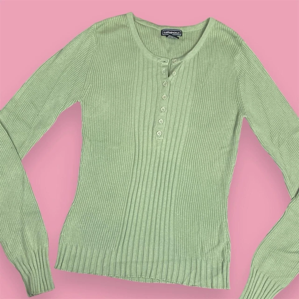 women’s Sz S Takeout vintage 90s green ribbed knit henley longsleeve top  - Image 2 of 4